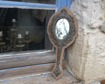 Antique carved wood  Face hand mirror old French