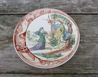 Vintage francés Juana de Arco / Jeanne d'Arc Sarreguemine placa de cerámica / Jeanne au bois chenu
