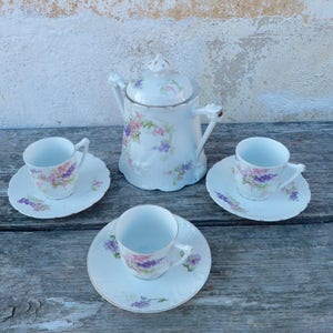 Azucarero antiguo de porcelana francesa de Limoges, años 1920/1930, con 3 tazas y platos.