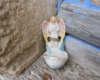 Vintage Antique 1890/1900 old French holy water Font porcelaine Cherub Angel