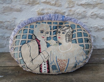 Vintage 1920/1930s Boudoir pillow old French embroidered  linen  Marquis & Marquise Boudoir characters