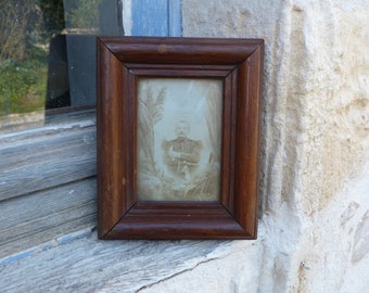 French Antique Victorian Photo Frame wood frame  with amilitary man sepia picture inside