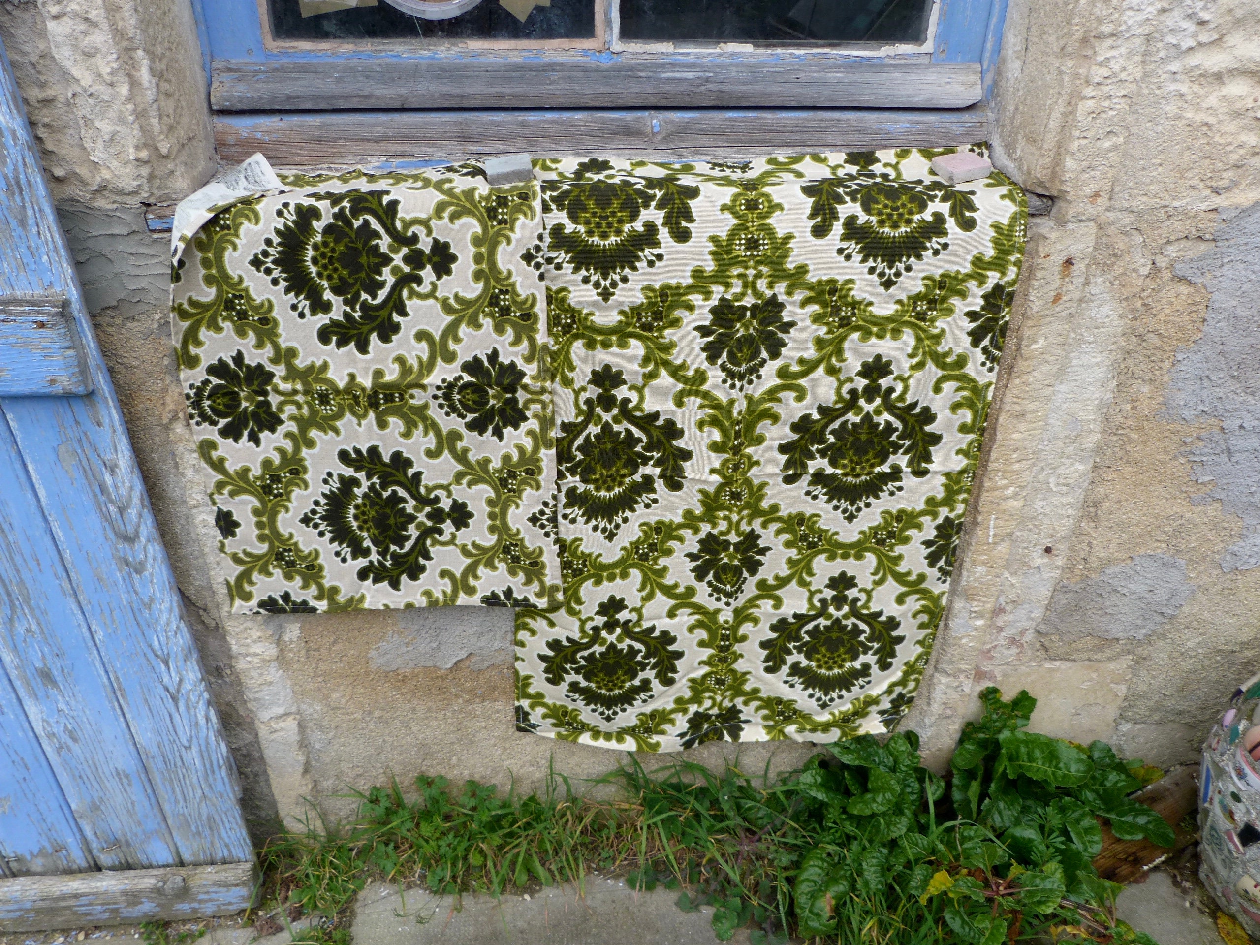 Tissu Vintage 1950 Coton Imprimé Fleurs Vertes