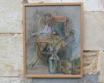 Vintage  Still life Pastels on paper with doll on a chair framed