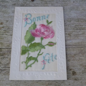 Ancienne carte postale brodée " Bonne fete"