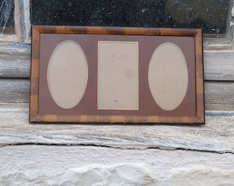 Vintage 1930 old French  wood  frame with 3  places 2 ovals + 1 rectangular