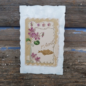 Ancienne carte postale rajoutie tissu rubans plantes