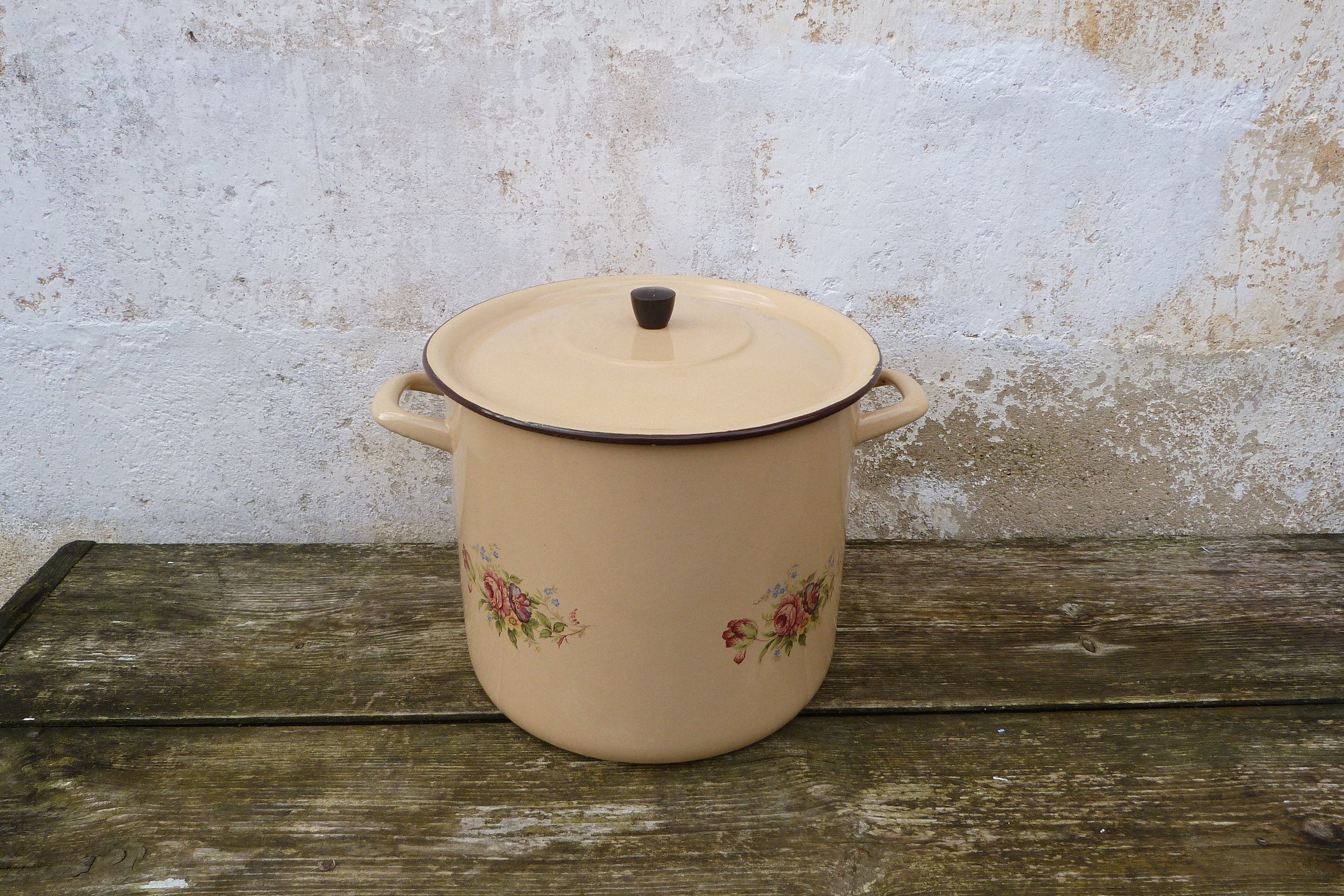 Ancien Faitout Casserole Soupiére en Tole Émaillée Beige Décor Fleurs