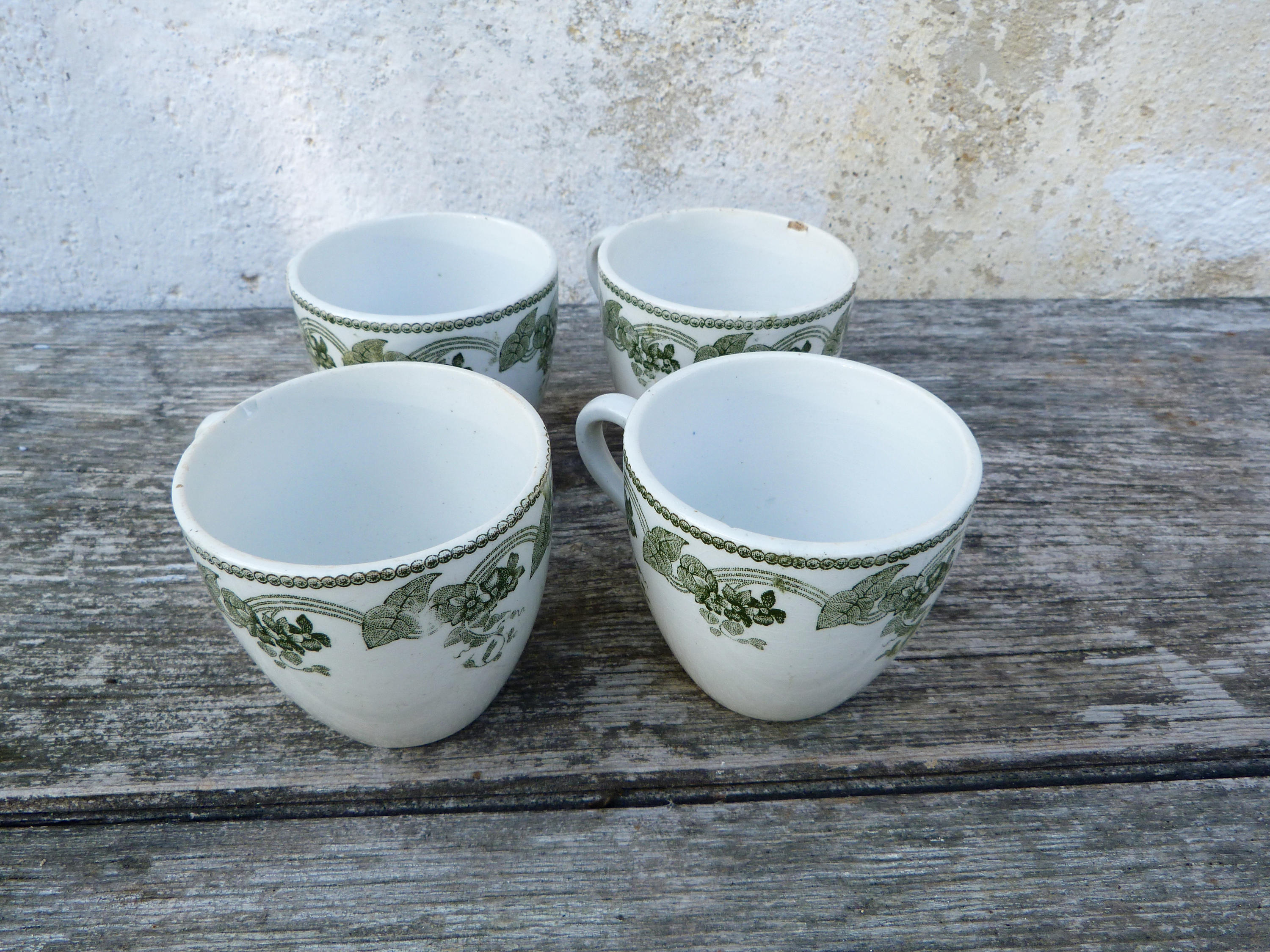 Vintage Antique Français Tasses à Thé Datées Des Années 1900/1910 Transferware Ensemble de 4