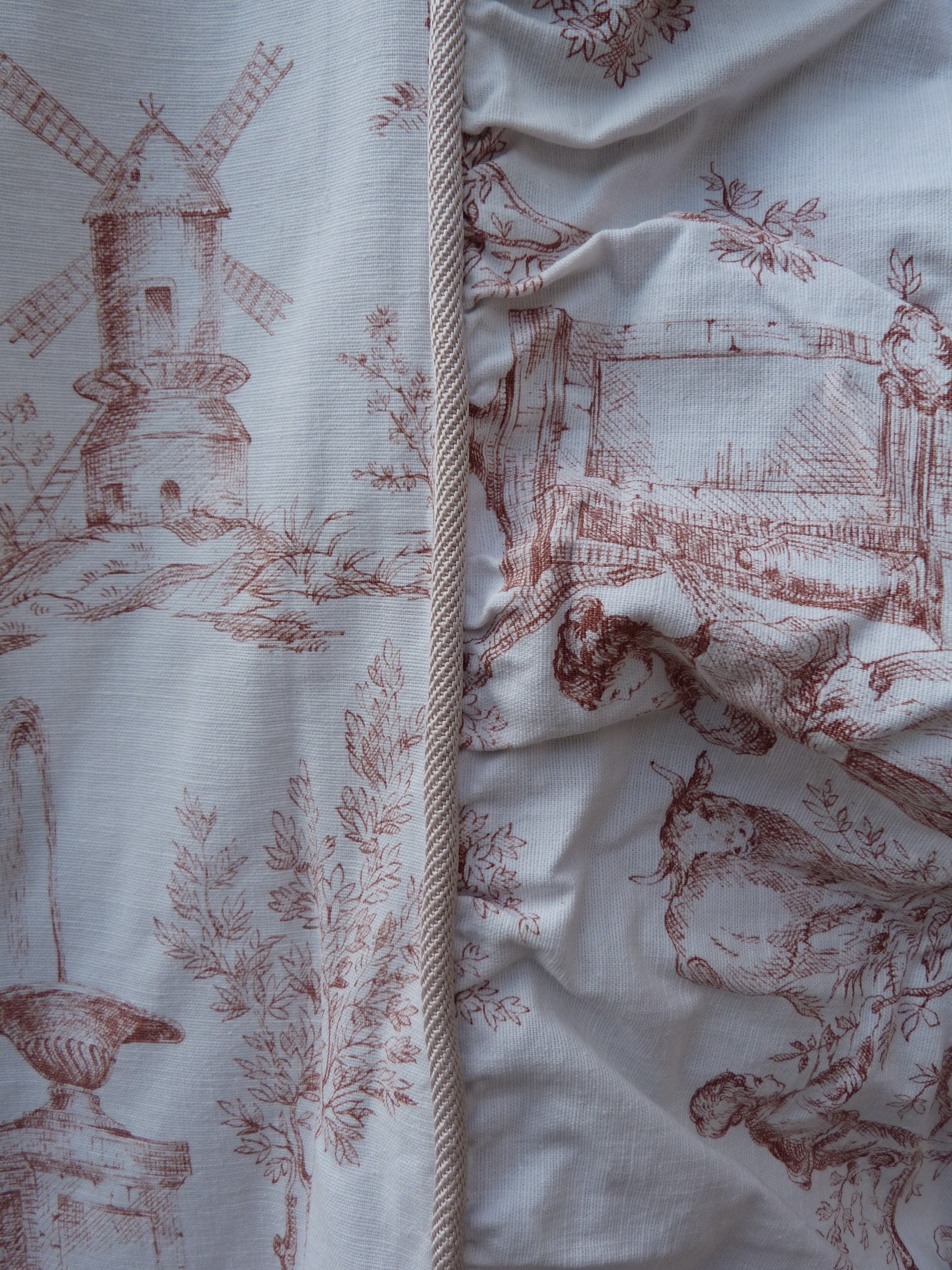 Dessus de Lit à Volant et Taie Traversin en Toile Jouy Pastorale Boussac Vintage