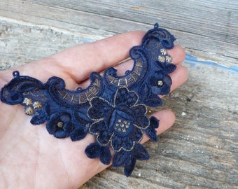 Vintage old French handmade embroideries navy blue metallic bronze thread applique