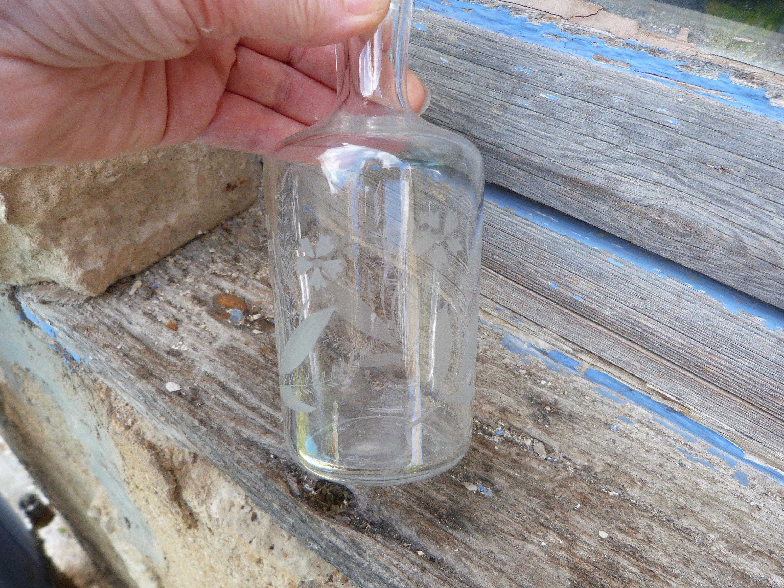 Vintage Antique 1890/ 1900S Vieux Français Victorienne Gravée Acide Soufflé Bouteille de Décor Flora