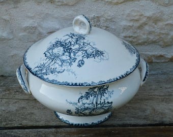 Vintage Antik 1900 alte Französische Transferware Pavots Ceramica Suppenterrine Soupiere