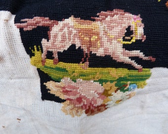 Antique old French unfinished needlepoint  tapestry top of chair figuring horse and roses