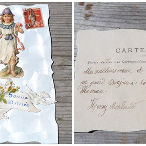 Cartolina d'epoca francese del 1900 decorata con cromolitografia in rilievo fustellata "Bonne Année"