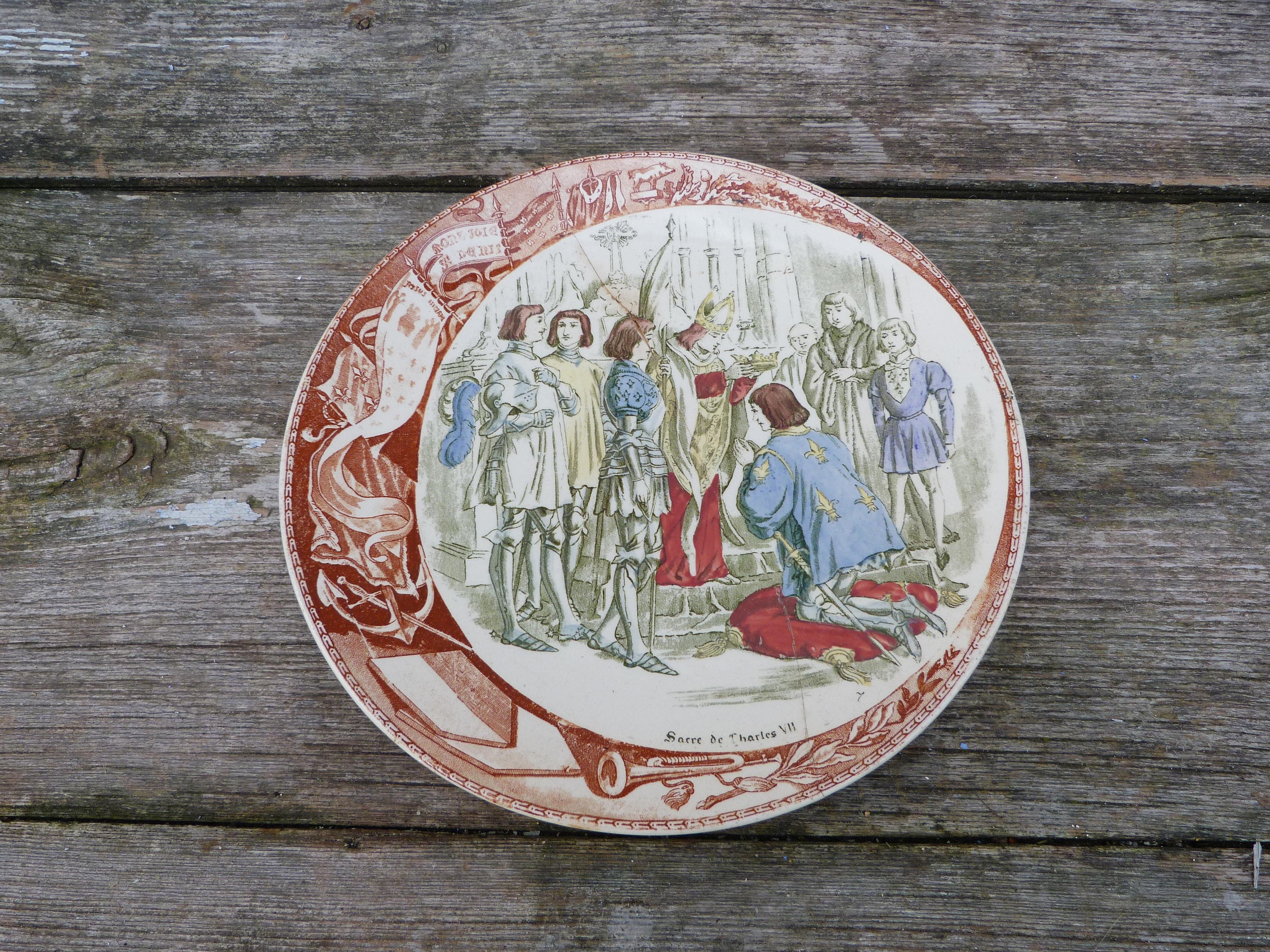 Vintage Français Jeanne d'arc /Jeanne Sarreguemine Plaque de Céramique/Sacre Charles Vii