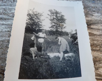Vintage  1930 French photography  black and white snapshot Men's Vacation Group in Underwear