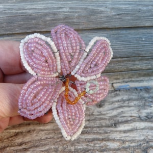 Vintage old French pink glass beads/  beaded flower /French beadwork