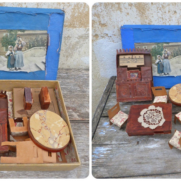 Vintage Antique 1920/1930s  French naive homemade set of furnitures for a doll / Mignonette