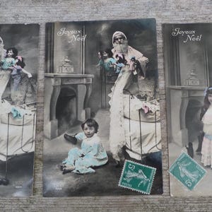 Ensemble de 3 cartes postales anciennes, France 1900, Père Noël 1900 /Noël/Poupées/jouets