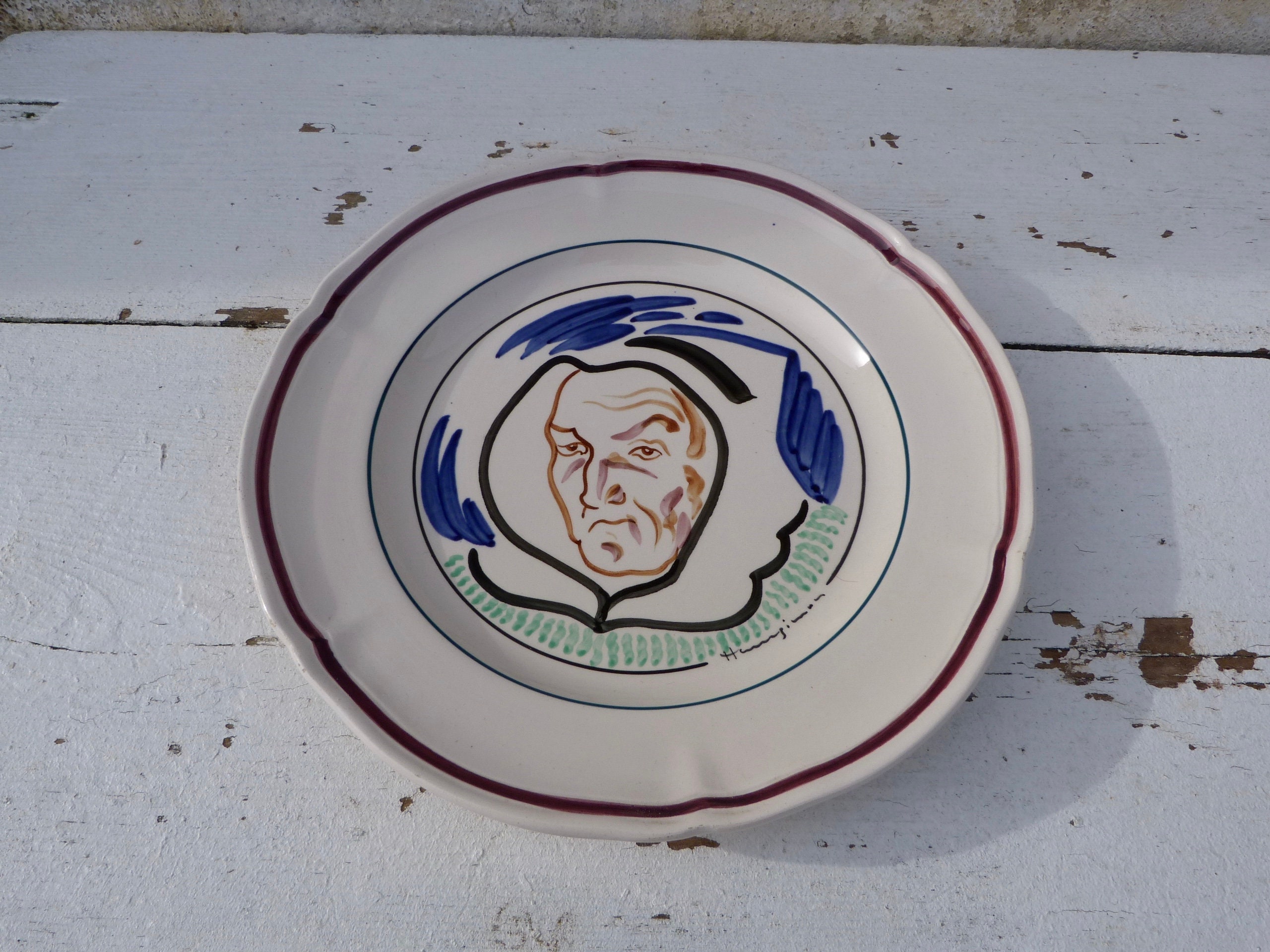 Assiette Ancienne Pornic en Céramique Signée Henry Simon Portrait Femme Pecheur