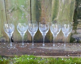 Vintage old French Handmade Etched Crystal  with twisted foot set of 6 wine glasses Baccarat or other