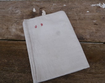 Vintage homespun 1900 old French 100% linen  off white dish towel cloth /Torchon with red monogram