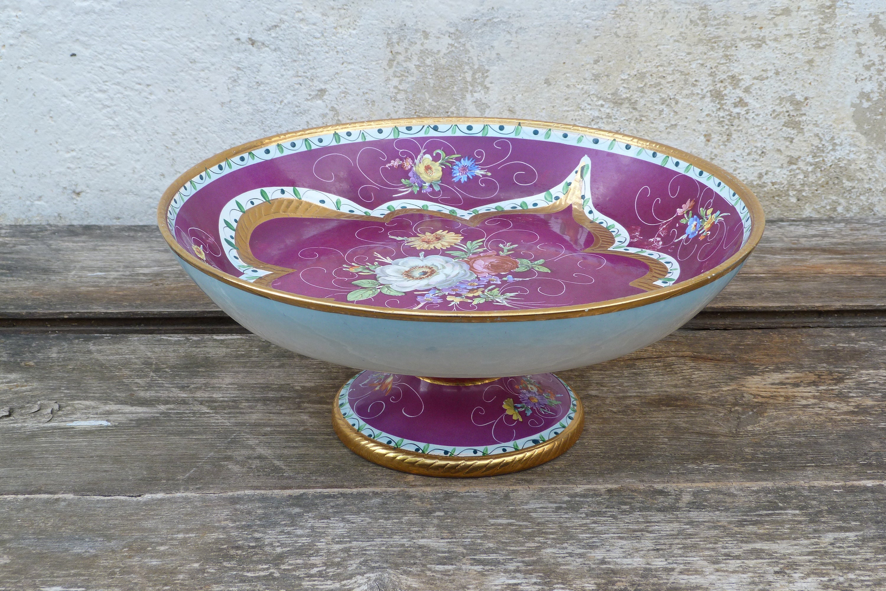 Coupe à Fruits Xixème Siècle Napoléon Iii Grande Taille sur Piedestal Fleurs et Dorures