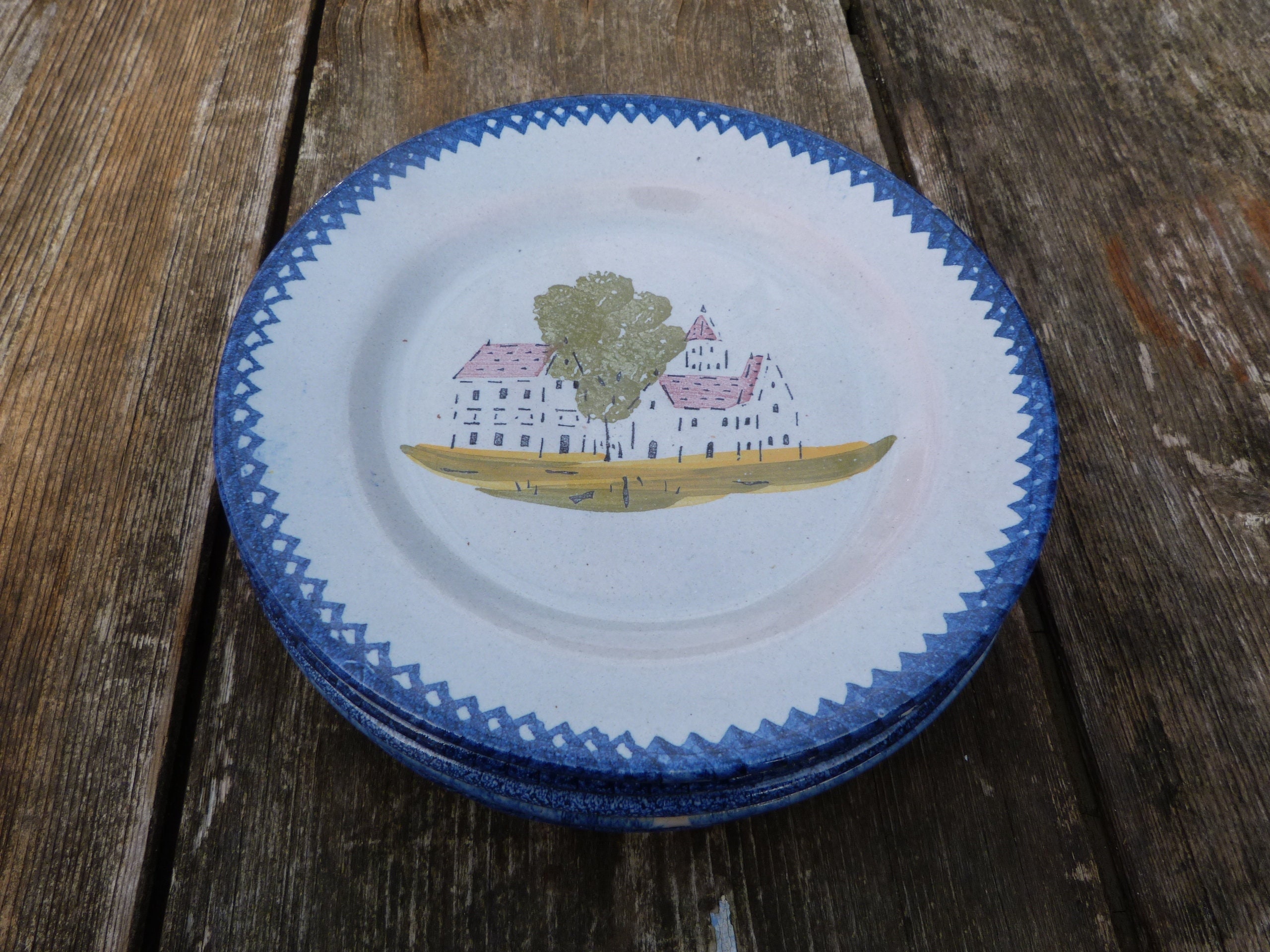 Ensemble de 6 Assiettes Anciennes en Faience Charolles Motifs Naifs