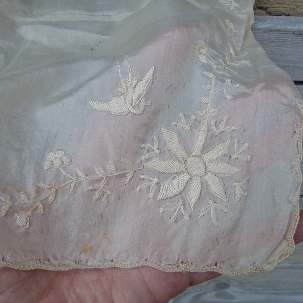 Vintage old French 1900s handkerchief  Hanky dainty silk embroidered pocket square