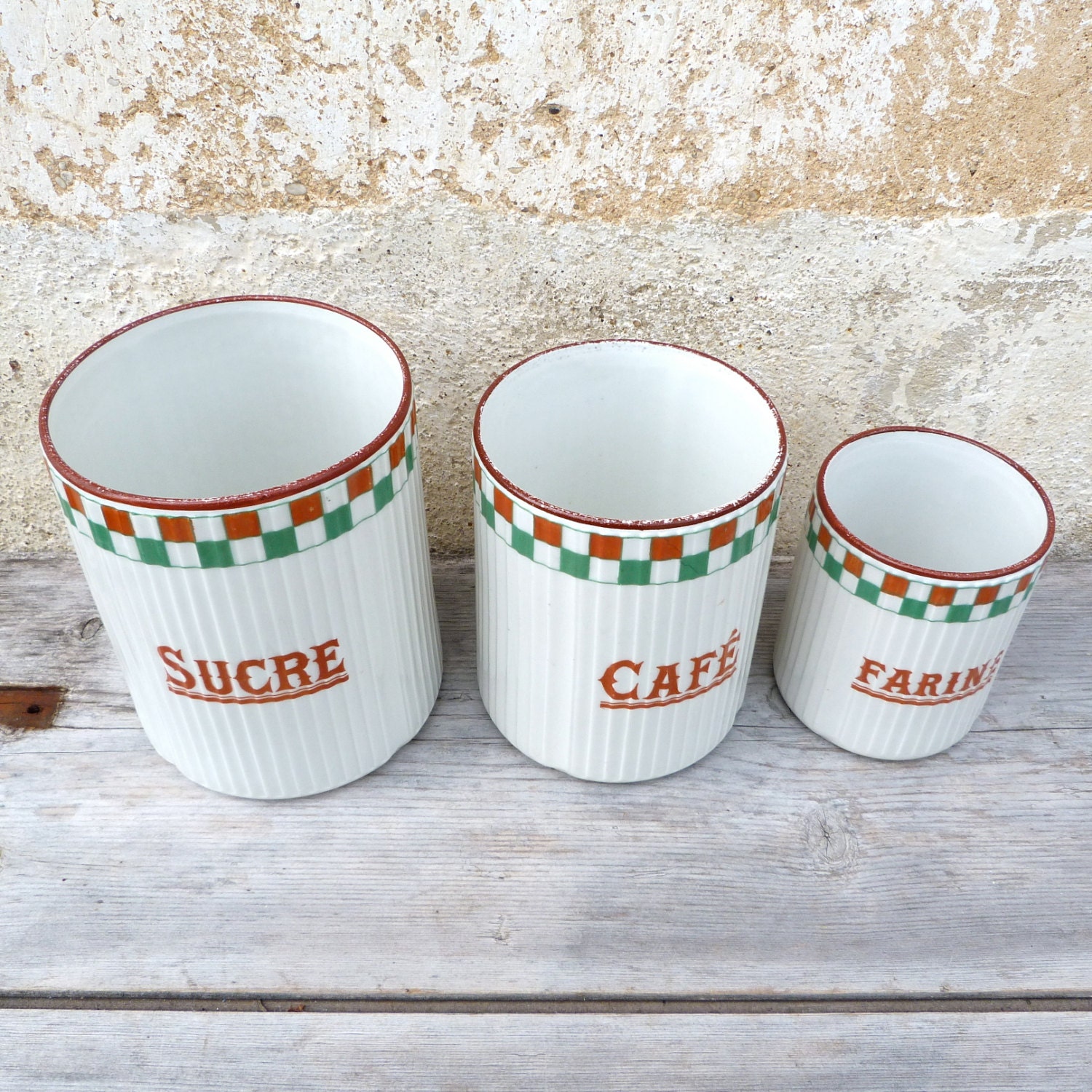 Vintage Antique 1900/1930 Vieux Français Boîtes en Céramique/Pots Ensemble de 3/Sucre/Café/Flour