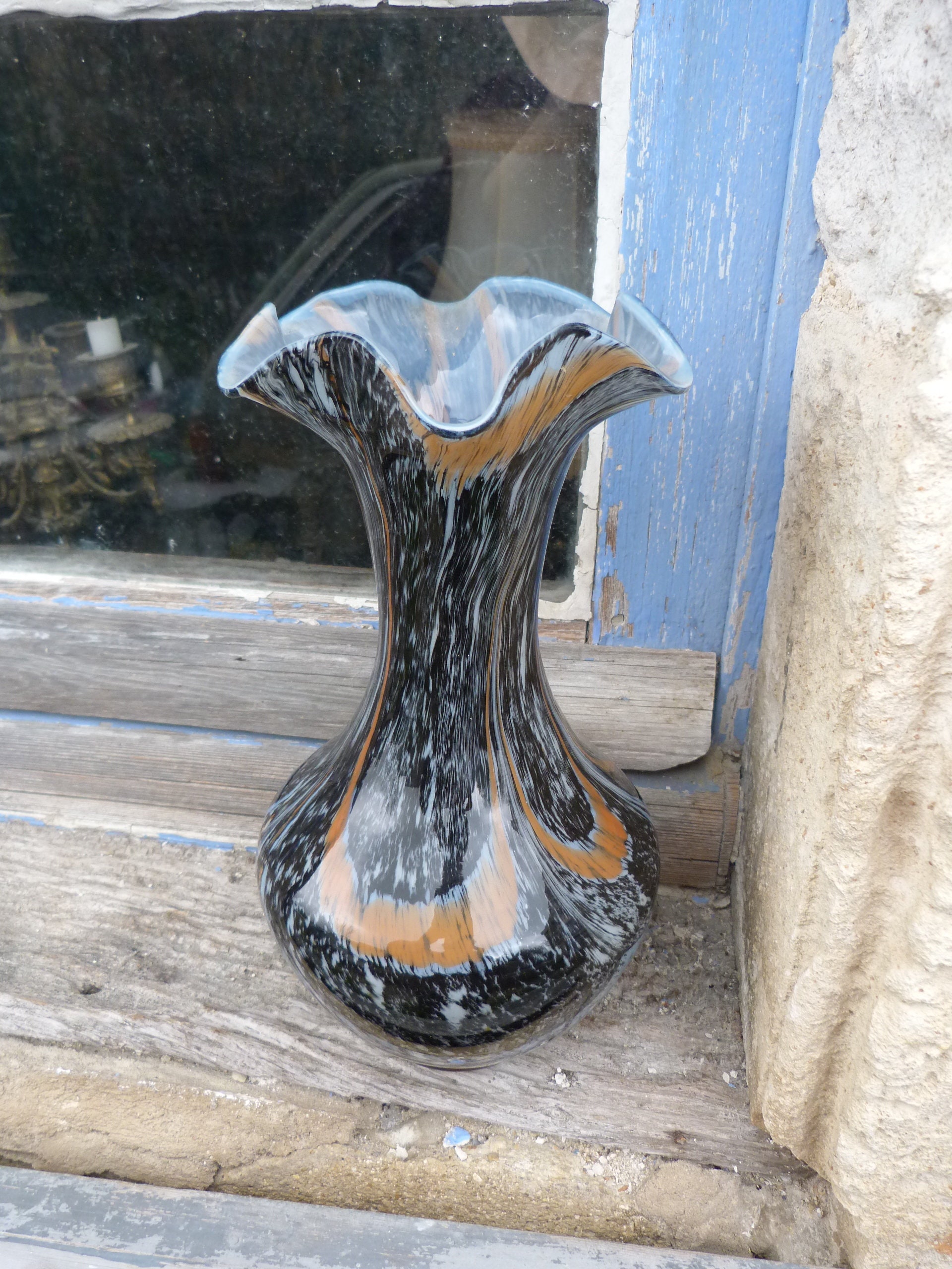 Vase Ancien en Verre de Clichy à Collerette Multicolore Jaspé