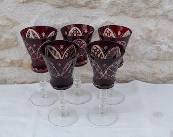 Vintage  Burgundy Bohemian Crystal etched wine glasses set of 5