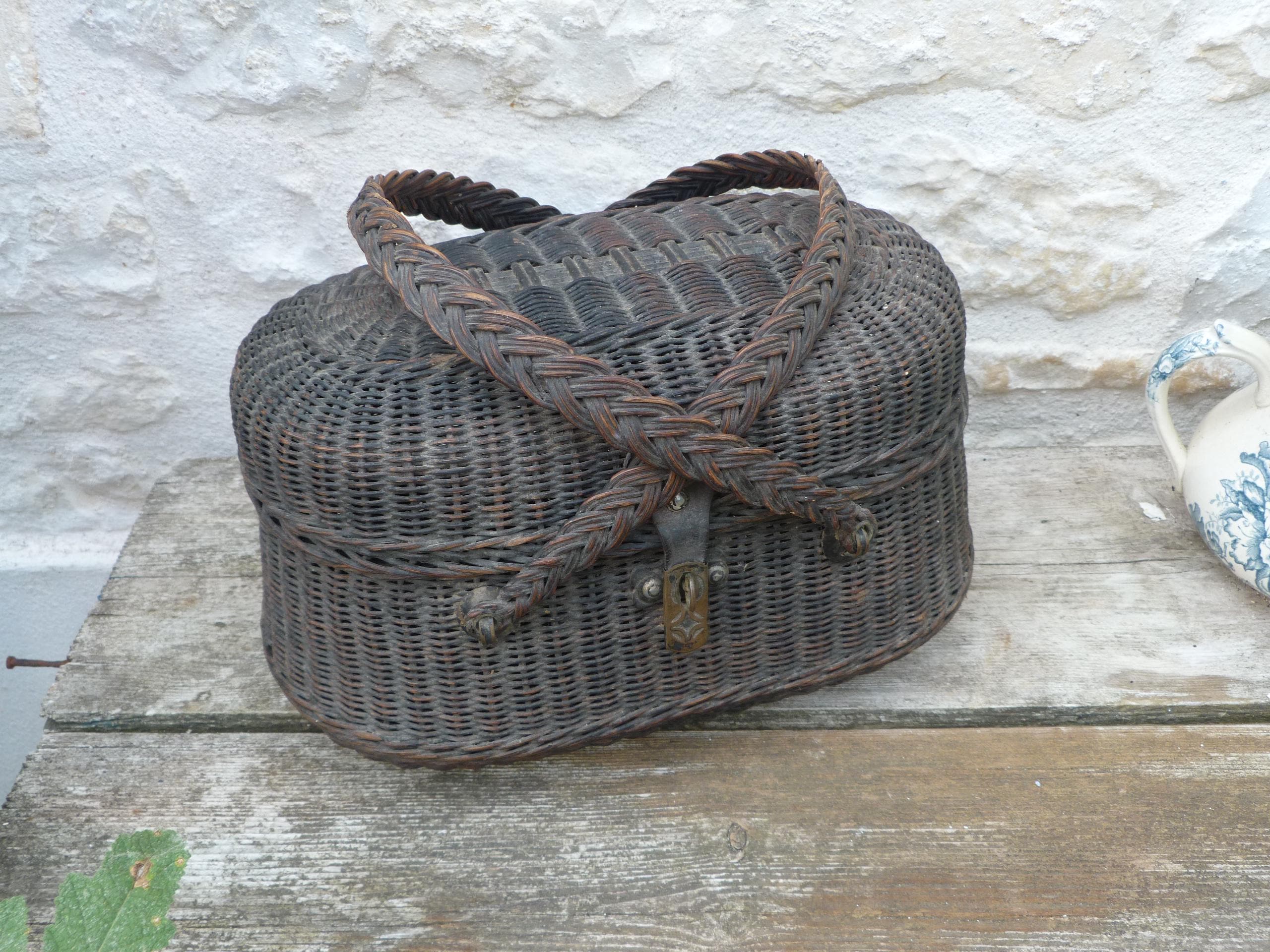 バッグ 1900 French Black Wicker Basket Vintage Antique 1890/1900 French Black Small Sized Wicker