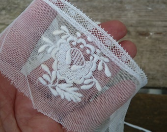 Vintage  Edwardian old French original hand embroidered net band part of a lady'sbonnet  headdress
