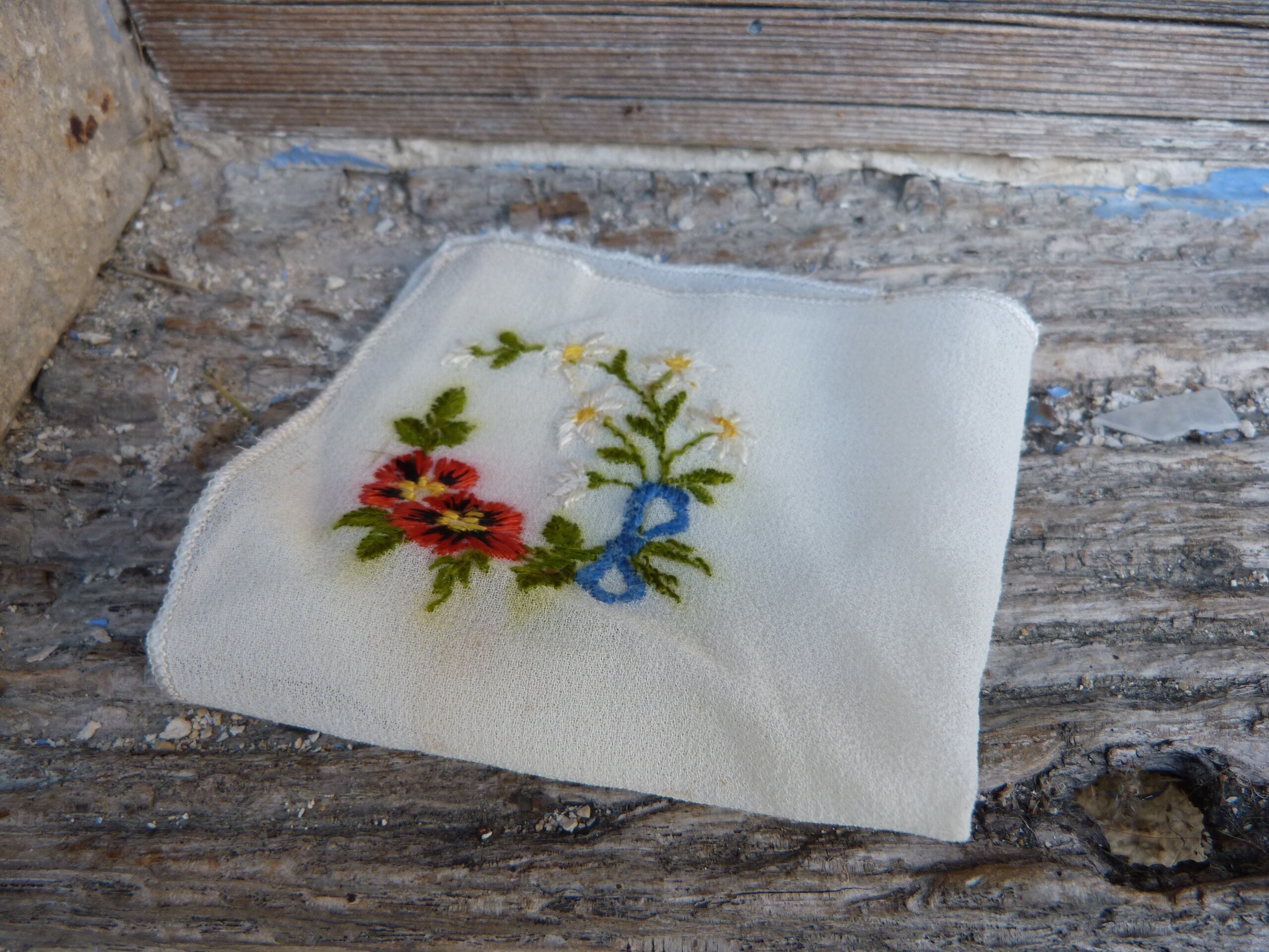 Ancien Mouchoir Soie 1900 Broderie Fleurie