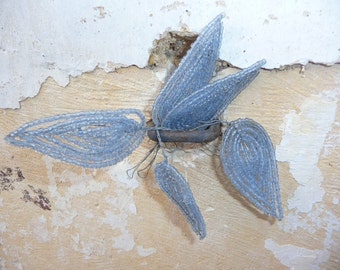 Vintage Antique old French 1900/1950 beaded leaves sheer soft blue set of 5