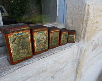 Vintage old French Set of 5 canisters  La Fontaine Fables 5 lithograph tin box 1900s/1920s