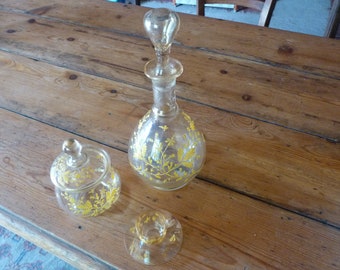 Art nouveau French enamel hand painted Legras crystal Pantin 1 decanters  1 sugar cup 1 tiny glass / liquor / Eau de fleurs d'Oranger
