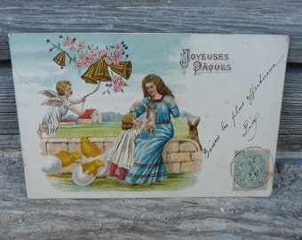 Vintage 1900 embossed   postcard  " Joyeuses Paques" Happy Eastern