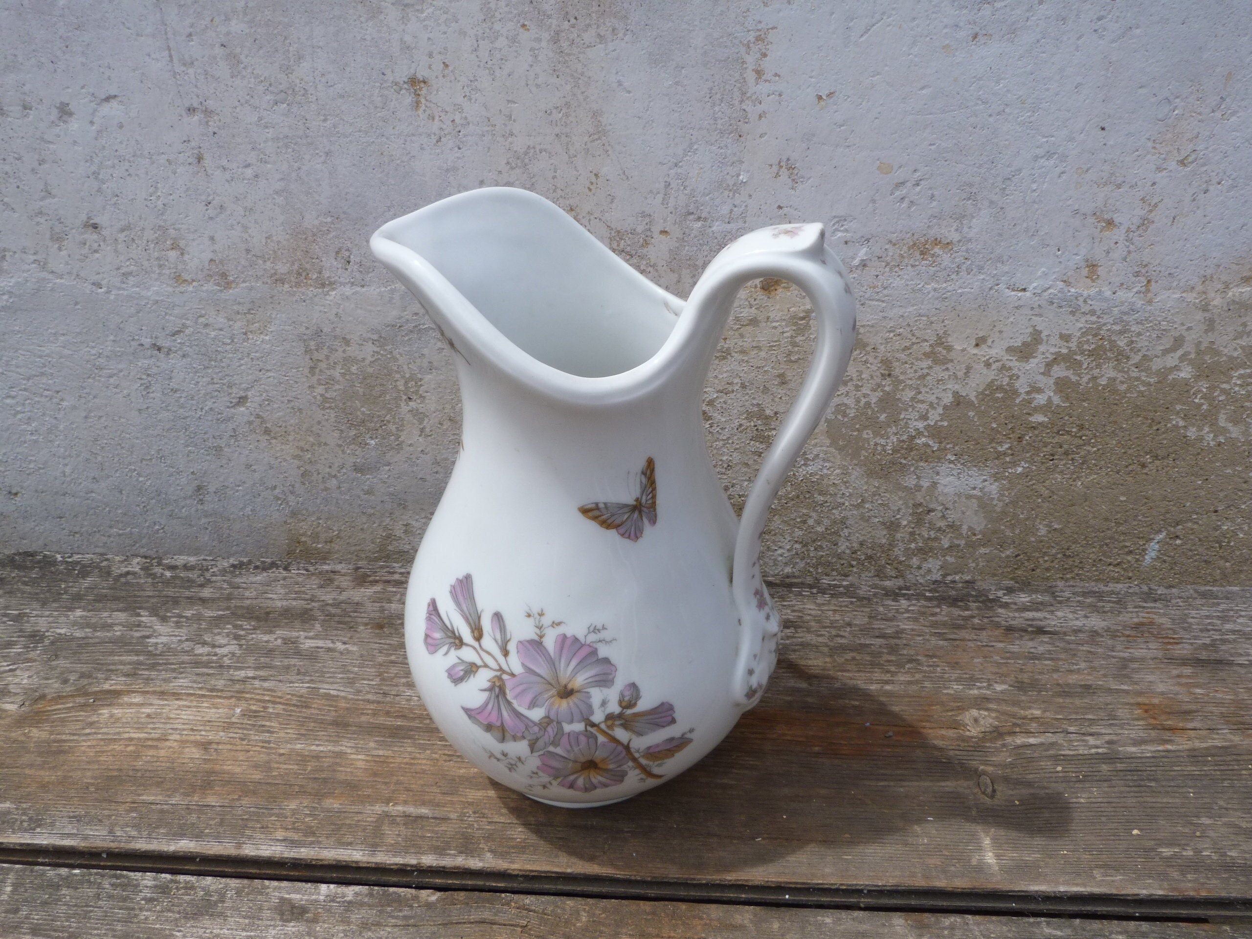 Pichet Ancien Céramique Fleurs et Papillons