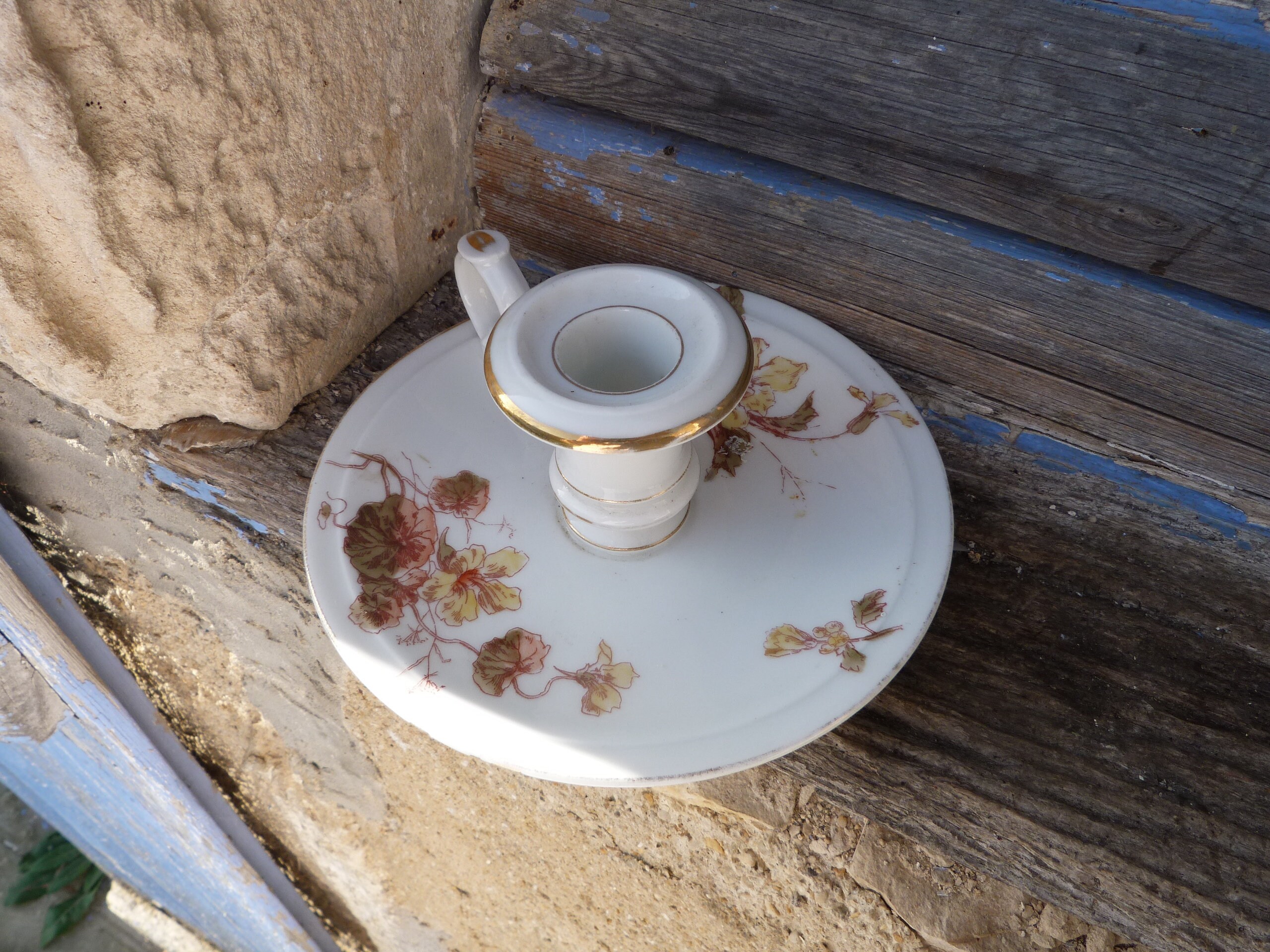 Bougeoir à Main Ancien 1900 en Porcelaine Fleurs