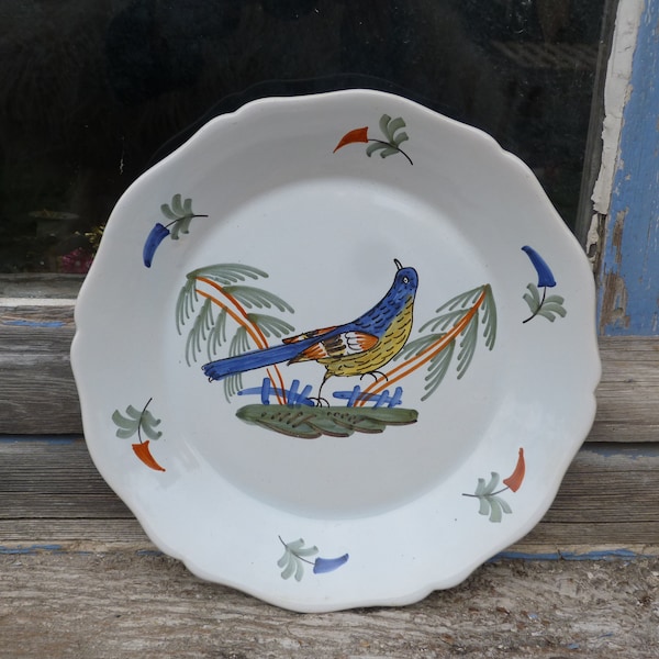 Assiette en faience XIX siecle motif Oiseau et fleurs naives