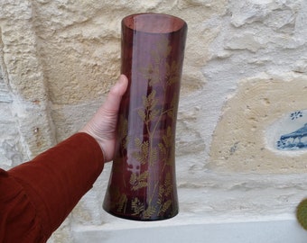 Antico vaso in vetro smaltato con motivi floreali in stile Art Nouveau francese Borgogna del 1900