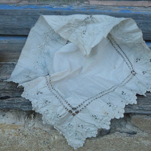 Vintage old French  1890/1900s French  Victorian handmade white cotton embroidered handkerchief non finished samples