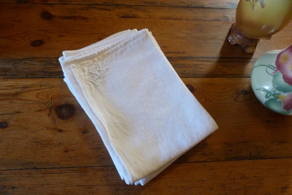 Antique French Tablecloth and Napkins in White Linen, 1900, Set of