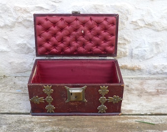 Vintage 1800 French burgundy leather on wood and ironwork Trinket from eastern France jewelry box /sewing box