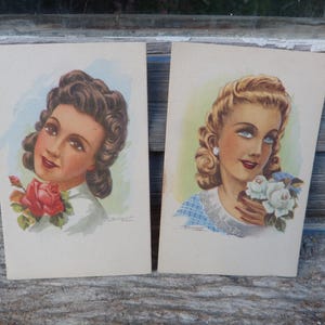 Lot de 2 cartes postales colorées/portraits de femmes, 1940/1950, vintage