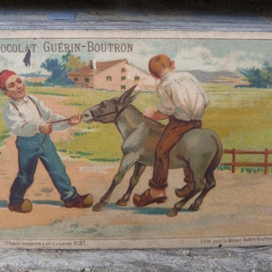 Vintage alte französische antike 1900er Jahre Chromolithograph Bild von Schokolade Guerin Boutron Jungen mit einem Esel