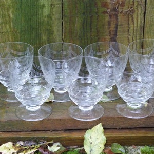 Vintage old French Handmade Etched Crystal  set of 7 wine glasses